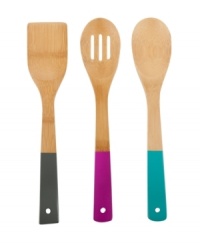 Style has been served. A beautiful set handcrafted from 100% organically grown bamboo stands out in prep and gets the job done. An artful addition to any kitchen collection, each utensil features a fun colored handle that comfortably fits in your hand. Style has been served. A beautiful set handcrafted from 100% organically grown bamboo stands out in prep and gets the job done. An artful addition to any kitchen collection, each utensil features a fun colored handle that comfortably fits in your hand.