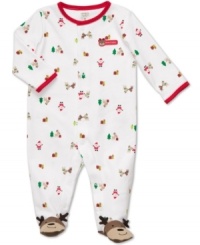 Deck out the season's littlest helper in jingle-bell style with this fun Christmas-print footed coverall from Carter's. Deck out the season's littlest helper in jingle-bell style with this fun Christmas-print footed coverall from Carter's.