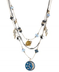 Lunar love. Betsey Johnson's illusion necklace is crafted from antique gold- and hematite-tone mixed metal, with glitter and glass crystal accents in orbit around a blue glitter moon medallion. Approximate length: 16 inches + 3-inch extender. Approximate drop: 3-1/2 inches. Lunar love. Betsey Johnson's illusion necklace is crafted from antique gold- and hematite-tone mixed metal, with glitter and glass crystal accents in orbit around a blue glitter moon medallion. Approximate length: 16 inches + 3-inch extender. Approximate drop: 3-1/2 inches.