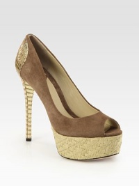 A textured raffia platform lifts this suede peep toe design with a metallic snake-print heel. Metallic snake-print leather heel, 5½ (140mm)Raffia platform, 1¾ (45mm)Compares to a 3¾ heel (95mm)Suede upperPeep toeLeather lining and solePadded insoleImported A textured raffia platform lifts this suede peep toe design with a metallic snake-print heel. Metallic snake-print leather heel, 5½ (140mm)Raffia platform, 1¾ (45mm)Compares to a 3¾ heel (95mm)Suede upperPeep toeLeather lining and solePadded insoleImported