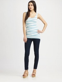 Striped stretch jersey wraps around the bodice in this sleek body-con tank.ScoopneckSleevelessPullover styleAbout 27 from shoulder to hem96% rayon/4% spandexDry cleanMade in USAModel shown is 5'9 (175cm) wearing US size Small. Striped stretch jersey wraps around the bodice in this sleek body-con tank.ScoopneckSleevelessPullover styleAbout 27 from shoulder to hem96% rayon/4% spandexDry cleanMade in USAModel shown is 5'9 (175cm) wearing US size Small.