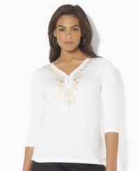 Rendered in a chic tunic length, this plus size Lauren by Ralph Lauren top is crafted from soft cotton and finished with delicate embroidery at the neckline. Rendered in a chic tunic length, this plus size Lauren by Ralph Lauren top is crafted from soft cotton and finished with delicate embroidery at the neckline.