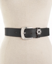 A classic leather belt gets a contemporary update from the MICHAEL Michael Kors silver cutout logo disc at closure. A classic leather belt gets a contemporary update from the MICHAEL Michael Kors silver cutout logo disc at closure.