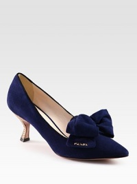Suede point toe pumps with an etched metal kitten heel and bow adornment. Metal heel, 2½ (65mm)Suede upperPoint toeLeather lining and solePadded insoleMade in Italy Suede point toe pumps with an etched metal kitten heel and bow adornment. Metal heel, 2½ (65mm)Suede upperPoint toeLeather lining and solePadded insoleMade in Italy