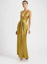A sexy plunging neckline and a beautifully draped front defines this evening-perfect design.Plunging V necklineSleevelessFront drapeConcealed back zipFully linedAbout 62 from shoulder to hem78% acetate/22% rayonDry cleanImported of French fabricModel shown is 5'11 (180cm) wearing US size 4. A sexy plunging neckline and a beautifully draped front defines this evening-perfect design.Plunging V necklineSleevelessFront drapeConcealed back zipFully linedAbout 62 from shoulder to hem78% acetate/22% rayonDry cleanImported of French fabricModel shown is 5'11 (180cm) wearing US size 4.