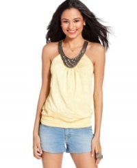 So cute: a beaded neckline adds chic embellishment to an easygoing blouson top from Sequin Hearts! So cute: a beaded neckline adds chic embellishment to an easygoing blouson top from Sequin Hearts!