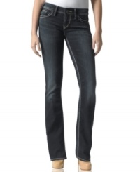 Turn to Silver Jeans' Aiko jeans for your every day denim look. Features contrast topstitching, bootcut design and style that you can rely on. Turn to Silver Jeans' Aiko jeans for your every day denim look. Features contrast topstitching, bootcut design and style that you can rely on.