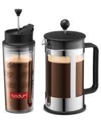 Get it to go! The incredible flavor you love hits the road in this travel French press in a stunning, sleek stainless steel. Extracting the essential oils, brightest flavor and incredible balance from your best beans, this compact press features an insulated double-walled design that keeps coffee hot and a built-in filter system that lets you brew & drink all from the same tumbler. Get it to go! The incredible flavor you love hits the road in this travel French press in a stunning, sleek stainless steel. Extracting the essential oils, brightest flavor and incredible balance from your best beans, this compact press features an insulated double-walled design that keeps coffee hot and a built-in filter system that lets you brew & drink all from the same tumbler.