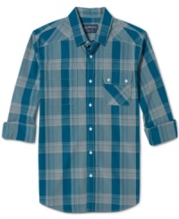 Asymmetric chest pockets add a twenty-first century spin to this long-sleeved shirt in retro plaid from American Rag. Asymmetric chest pockets add a twenty-first century spin to this long-sleeved shirt in retro plaid from American Rag.