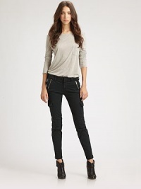 Following the utility-chic trend, these stretchy skinnies have a medium rise and cool cargo pockets. THE FITSkinny fitMedium rise, about 8Inseam, about 29THE DETAILSTab closureZip flyZippered front slash pockets; cargo pocketsZippered cuffsBack besom pockets98% cotton/2% LycraMachine washMade in USA of imported fabricModel shown is 5'10 (177cm) wearing US size 2. Following the utility-chic trend, these stretchy skinnies have a medium rise and cool cargo pockets. THE FITSkinny fitMedium rise, about 8Inseam, about 29THE DETAILSTab closureZip flyZippered front slash pockets; cargo pocketsZippered cuffsBack besom pockets98% cotton/2% LycraMachine washMade in USA of imported fabricModel shown is 5'10 (177cm) wearing US size 2.
