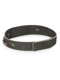 THE LOOKTapered silhouetteSleek suede designBeaded accentsConcealed double hook closure THE MEASUREMENTWidth, 2¼THE MATERIALLeatherORIGINMade in Italy THE LOOKTapered silhouetteSleek suede designBeaded accentsConcealed double hook closure THE MEASUREMENTWidth, 2¼THE MATERIALLeatherORIGINMade in Italy