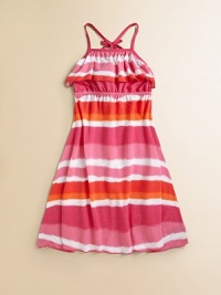 Designed in a classic halter silhouette, this whimsical frock is complimented by a large ruffled bodice and a sunset-inspired color palette.Halter necklineSleevelessPull-on styleElastic waist65% polyester/35% rayonMachine washImported Designed in a classic halter silhouette, this whimsical frock is complimented by a large ruffled bodice and a sunset-inspired color palette.Halter necklineSleevelessPull-on styleElastic waist65% polyester/35% rayonMachine washImported