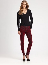 Create a fashion following in these ultra-stretchy skinnies, enhanced by a romantic brocade print. THE FITMedium rise, about 8½Inseam, about 30THE DETAILSButton closureZip flyFive-pocket style92% cotton/7% polyester/1% spandexDry cleanMade in USA of imported fabricModel shown is 5'9 (175cm) wearing US size 4. Create a fashion following in these ultra-stretchy skinnies, enhanced by a romantic brocade print. THE FITMedium rise, about 8½Inseam, about 30THE DETAILSButton closureZip flyFive-pocket style92% cotton/7% polyester/1% spandexDry cleanMade in USA of imported fabricModel shown is 5'9 (175cm) wearing US size 4.