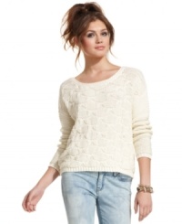Your new favorite sweater has arrived! Jessica Simpson's cozy pullover features a scalloped pattern, chunky knit and a back of contrasting bows. Your new favorite sweater has arrived! Jessica Simpson's cozy pullover features a scalloped pattern, chunky knit and a back of contrasting bows.