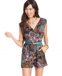 Go crazy for paisley with a button-front romper that thrives on the super-colorful, swirling print! From Material Girl. Go crazy for paisley with a button-front romper that thrives on the super-colorful, swirling print! From Material Girl.