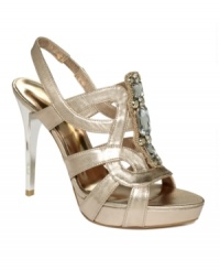 Stunning from the first step. With chunky rhinestones and a metallic stiletto heel, the Scarelette evening sandals from GUESS by Marciano are irresistible. Stunning from the first step. With chunky rhinestones and a metallic stiletto heel, the Scarelette evening sandals from GUESS by Marciano are irresistible.