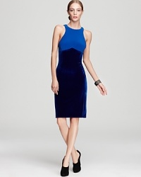 Decidedly sporty, this ABS by Allen Schwartz dress shows off a racerback silhouette--plush velvet lends fashion-forward contrast. Decidedly sporty, this ABS by Allen Schwartz dress shows off a racerback silhouette--plush velvet lends fashion-forward contrast.