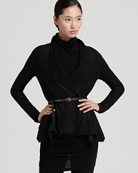 An open-style Donna Karan New York jacket is cinched at the waistline to highlight your lithe figure while seam detail lends a touch of polish to this work-ready look. A draped lapel adds a final touch of finesse. An open-style Donna Karan New York jacket is cinched at the waistline to highlight your lithe figure while seam detail lends a touch of polish to this work-ready look. A draped lapel adds a final touch of finesse.