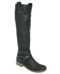 Metal ring buckle detail around the ankle of STEVEN by Steve Madden's Stingrey tall riding boots adds shine to this tough style. Metal ring buckle detail around the ankle of STEVEN by Steve Madden's Stingrey tall riding boots adds shine to this tough style.