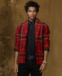 A classic masculine plaid lays the foundation for a shawl-collar cardigan in a hardy wool, designed for superior warmth and a rustic heritage look. A classic masculine plaid lays the foundation for a shawl-collar cardigan in a hardy wool, designed for superior warmth and a rustic heritage look.