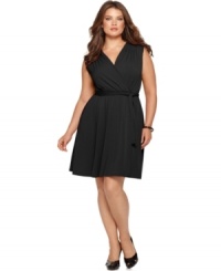 Look red hot in NY Collection's sleeveless plus size dress, featuring a faux wrap design for a slenderizing silhouette. Look red hot in NY Collection's sleeveless plus size dress, featuring a faux wrap design for a slenderizing silhouette.