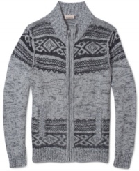 A classic fair isle pattern gets a modern upgrade with this full-zip cardigan sweater from DKNY Jeans. A classic fair isle pattern gets a modern upgrade with this full-zip cardigan sweater from DKNY Jeans.