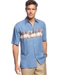 Bring the tropical to you with this refreshing palm-tree print shirt from Campia Moda. Bring the tropical to you with this refreshing palm-tree print shirt from Campia Moda.