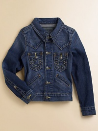 Authentic Western styled jean jacket, updated with contrast stitching and vintage nickel-finished rivets. Shirt collarLong sleevesButton frontFlap pocketsSlash pocketsAdjustable waistCottonMachine washImported of American fabric Please note: Number of buttons may vary depending on size ordered. Authentic Western styled jean jacket, updated with contrast stitching and vintage nickel-finished rivets. Shirt collarLong sleevesButton frontFlap pocketsSlash pocketsAdjustable waistCottonMachine washImported of American fabric Please note: Number of buttons may vary depending on size ordered.