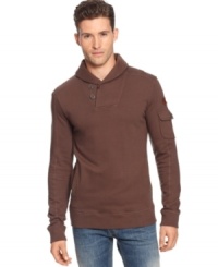 A sweatshirt styled like a sweater? Or is it a sweater styled like a sweatshirt? Armani Jeans blurs the boundaries by making this pullover of cotton fleece then adding a shawl collar and sleeve pocket. A sweatshirt styled like a sweater? Or is it a sweater styled like a sweatshirt? Armani Jeans blurs the boundaries by making this pullover of cotton fleece then adding a shawl collar and sleeve pocket.