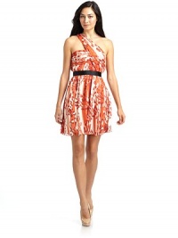 THE LOOKOne semi-sheer shoulderAllover animal printSolid trim at waistFully linedSide zip closureTHE FITAbout 34 from shoulder to hemTHE MATERIALSilkLining: 96% polyester/4% spandexCARE & ORIGINDry cleanImported THE LOOKOne semi-sheer shoulderAllover animal printSolid trim at waistFully linedSide zip closureTHE FITAbout 34 from shoulder to hemTHE MATERIALSilkLining: 96% polyester/4% spandexCARE & ORIGINDry cleanImported