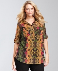 A colorful python print picked right from the Amazon decorates this classic plus size shirt from INC. Rhinestone buttons give it an extra dose of sparkle, too.