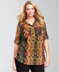 A colorful python print picked right from the Amazon decorates this classic plus size shirt from INC. Rhinestone buttons give it an extra dose of sparkle, too. A colorful python print picked right from the Amazon decorates this classic plus size shirt from INC. Rhinestone buttons give it an extra dose of sparkle, too.