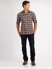 Tailored, yet comfortable fit with subtle 3-D whiskering and hand-sanding that add understated dimensions to this classic wash.Five-pocket styleButton flyInseam, about 3498% cotton/2% spandexMachine washMade in USA Tailored, yet comfortable fit with subtle 3-D whiskering and hand-sanding that add understated dimensions to this classic wash.Five-pocket styleButton flyInseam, about 3498% cotton/2% spandexMachine washMade in USA