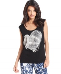 This soft tank from DKNY Jeans is anything but basic. It features a metallic heart and logo design at the front for a bit of flirty style and a cool silhouette for the right downtown edge. This soft tank from DKNY Jeans is anything but basic. It features a metallic heart and logo design at the front for a bit of flirty style and a cool silhouette for the right downtown edge.