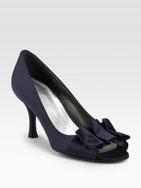 An elegant design in lustrous satin with feminine ruffled detail up front. Self-covered heel, 3 (75mm) Open toe Satin ruffle Leather lining and sole Padded insole ImportedOUR FIT MODEL RECOMMENDS ordering true size.. An elegant design in lustrous satin with feminine ruffled detail up front. Self-covered heel, 3 (75mm) Open toe Satin ruffle Leather lining and sole Padded insole ImportedOUR FIT MODEL RECOMMENDS ordering true size..