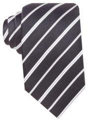 Timeless black and white stripes make this Geoffrey Been silk tie a versatile pick. Timeless black and white stripes make this Geoffrey Been silk tie a versatile pick.