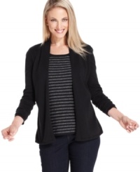 Charter Club's petite layered sweater features a metallic striped inset and a solid, open-front outer layer for an effortless look! Charter Club's petite layered sweater features a metallic striped inset and a solid, open-front outer layer for an effortless look!