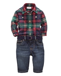 Rendered in touchably soft cotton, a classic jean and rugged plaid button-down exude timeless charm. Rendered in touchably soft cotton, a classic jean and rugged plaid button-down exude timeless charm.