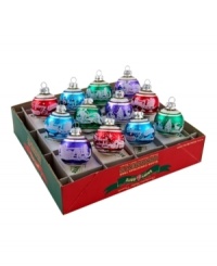 Give your tree some unexpected color with this set of mini flocked ornaments by Christopher Radko. Each Shiny Brite ball features a unique frosty scene, from skiing snowmen to Santa's sleigh. In icy blues, rich violet and, of course, Christmas green and red. Give your tree some unexpected color with this set of mini flocked ornaments by Christopher Radko. Each Shiny Brite ball features a unique frosty scene, from skiing snowmen to Santa's sleigh. In icy blues, rich violet and, of course, Christmas green and red.