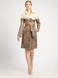 Luxurious wool in an artistic Taiga print, accented with an equestrian rider on the back.Wide notched, foldover lapelsSelf sash beltSide welt pocketsSleeves linedAbout 37 from shoulder to hemWoolDry cleanMade in Switzerland of Italian fabricModel shown is 5'11 (180cm) wearing US size 4. Luxurious wool in an artistic Taiga print, accented with an equestrian rider on the back.Wide notched, foldover lapelsSelf sash beltSide welt pocketsSleeves linedAbout 37 from shoulder to hemWoolDry cleanMade in Switzerland of Italian fabricModel shown is 5'11 (180cm) wearing US size 4.