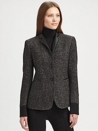 Contrast cuffs and collar add a modern edge to this tailored tweed jacket. Notched lapelsButton frontBanded cuffsWelt pocketsFaux leather trimAbout 27 from shoulder to hem91% wool/9% polyamideDry cleanImportedModel shown is 5'11 (180cm) wearing US size 4. Contrast cuffs and collar add a modern edge to this tailored tweed jacket. Notched lapelsButton frontBanded cuffsWelt pocketsFaux leather trimAbout 27 from shoulder to hem91% wool/9% polyamideDry cleanImportedModel shown is 5'11 (180cm) wearing US size 4.