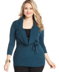 Tie up a chic fall/winter look with AGB's cowlneck plus size sweater, cinched by a belted waist.