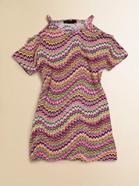 She'll want to play peek-a-boo in this vivid, zig-zag print frock with cut-out details for a fun feel.Round necklineShort sleeves with cut-out detailsPullover styling85% rayon/15% spandexHand wash coldImported She'll want to play peek-a-boo in this vivid, zig-zag print frock with cut-out details for a fun feel.Round necklineShort sleeves with cut-out detailsPullover styling85% rayon/15% spandexHand wash coldImported