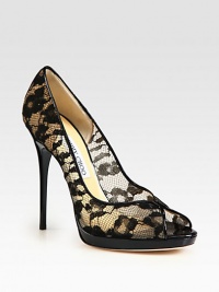An exquisite silhouette of lace-covered mesh with patent leather trim and a timeless peep toe. Lacquered heel, 5 (125mm)Lacquered platform, ½ (15mm)Compares to a 4½ heel (115mm)Lace-covered mesh upper with patent leather trimPeep toeLeather lining and solePadded insoleMade in Italy An exquisite silhouette of lace-covered mesh with patent leather trim and a timeless peep toe. Lacquered heel, 5 (125mm)Lacquered platform, ½ (15mm)Compares to a 4½ heel (115mm)Lace-covered mesh upper with patent leather trimPeep toeLeather lining and solePadded insoleMade in Italy