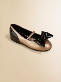 The classic Mary Jane ballerina flat in supple leather with elastic strap for easy on and off, plus a patent leather bow.Slip-on with elastic strapLeather upperLeather liningSynthetic solePadded insoleImported The classic Mary Jane ballerina flat in supple leather with elastic strap for easy on and off, plus a patent leather bow.Slip-on with elastic strapLeather upperLeather liningSynthetic solePadded insoleImported