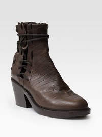 EXCLUSIVELY AT SAKS.COM. Intricate lace stitching adds urban edge to this elevated ankle boot of crocodile-embossed Italian leather. Stacked heel, 2¼ (60mm)Stacked platform, ½ (15mm)Compares to a 1¾ heel (45mm)Crocodile-embossed leather upperBack zipperSide zipperLeather lining and solePadded insoleMade in Italy EXCLUSIVELY AT SAKS.COM. Intricate lace stitching adds urban edge to this elevated ankle boot of crocodile-embossed Italian leather. Stacked heel, 2¼ (60mm)Stacked platform, ½ (15mm)Compares to a 1¾ heel (45mm)Crocodile-embossed leather upperBack zipperSide zipperLeather lining and solePadded insoleMade in Italy