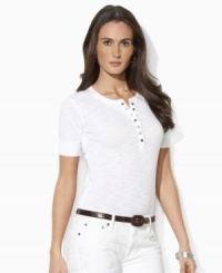 Rendered in airy cotton, Lauren Jean Co.'s tee is finished with a chic snapped placket. Rendered in airy cotton, Lauren Jean Co.'s tee is finished with a chic snapped placket.