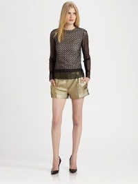 A fashion-forward choice-- these slightly textured shorts have a touch of wool and glimmering metallic finish. Hook-and-eye closureZip flySlash pocketsRise, about 2½Inseam, about 954% polyester/32% wool/12% polyamide/2% other fibersDry cleanImportedModel shown is 5'10 (177cm) wearing US size 2. A fashion-forward choice-- these slightly textured shorts have a touch of wool and glimmering metallic finish. Hook-and-eye closureZip flySlash pocketsRise, about 2½Inseam, about 954% polyester/32% wool/12% polyamide/2% other fibersDry cleanImportedModel shown is 5'10 (177cm) wearing US size 2.