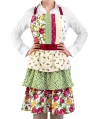 Show your flair for food and fashion with the Rose Kiss apron. Tiny buds and luscious blooms are layered with bright geometrics in this fabulously ruffled design, all in a fuss-free, machine washable fabric. Show your flair for food and fashion with the Rose Kiss apron. Tiny buds and luscious blooms are layered with bright geometrics in this fabulously ruffled design, all in a fuss-free, machine washable fabric.