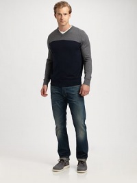 Cool colorblock pattern gives a modern update to this lightweight v-neck pullover, impeccably shaped in a silk, cotton and cashmere blend.V-neckRibbed knit collar, cuffs and hem55% silk/40% cotton/5% cashmereHand washImported Cool colorblock pattern gives a modern update to this lightweight v-neck pullover, impeccably shaped in a silk, cotton and cashmere blend.V-neckRibbed knit collar, cuffs and hem55% silk/40% cotton/5% cashmereHand washImported